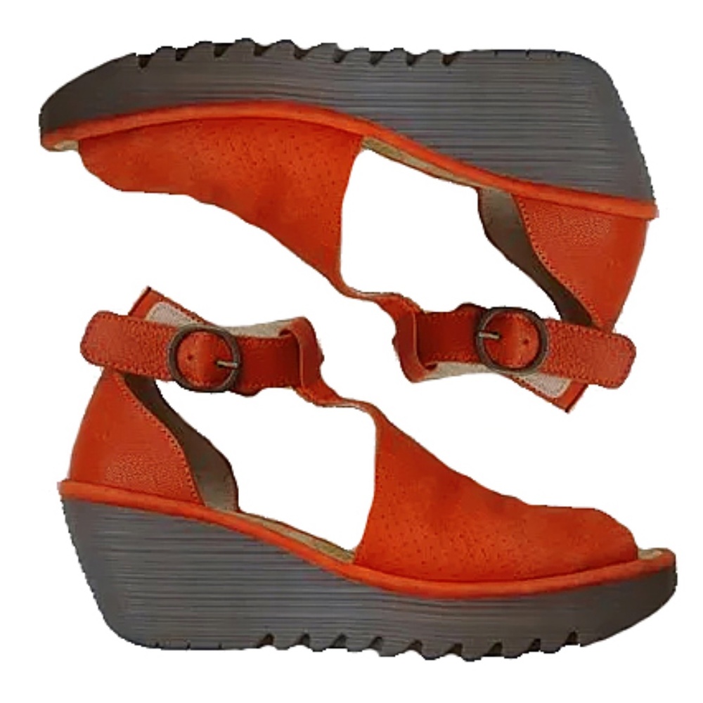 FLY LONDON Orange Yall Perforated Leather Open toe Wedge Sandals 41